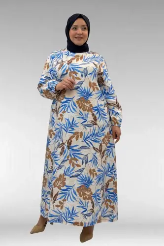62007 Büyük Beden Kolu Lastikli Elbise - Yaprak Desen Vizon - 1