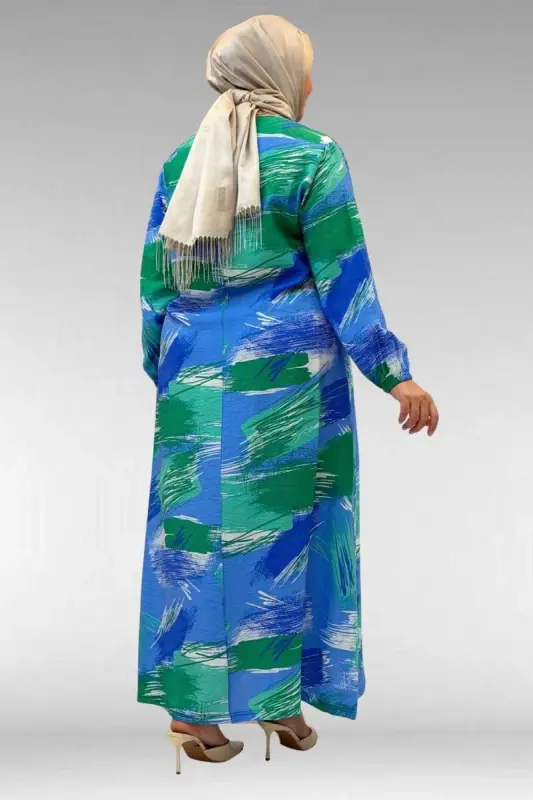 62007 Katta o'lchamli yengli rezinkali ko'ylak - Naqshli ko'k - 3
