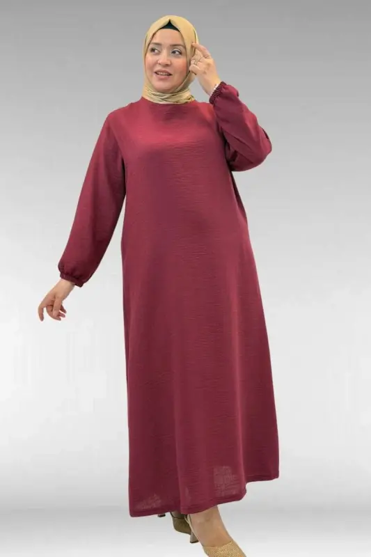 62007 Plus Size Elastic Sleeve Dress - Burgundy - 2