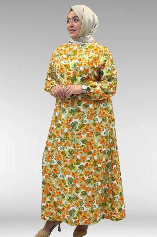 62007 Plus Size Elastic Sleeve Dress - Floral Pattern Green - 2