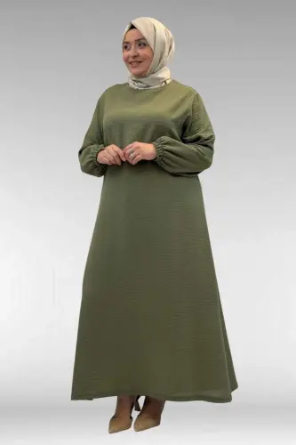 62007 Plus Size Elastic Sleeve Dress - Khaki - BÜYÜKBEDENIZ (1)