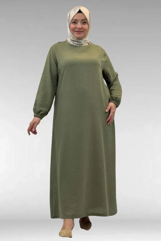 62007 Plus Size Elastic Sleeve Dress - Khaki - 3