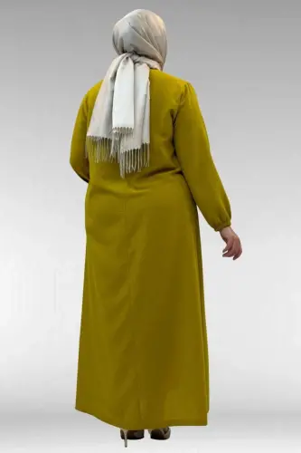 62007 Büyük Beden Kolu Lastikli Elbise - Yağ Yeşili - 2