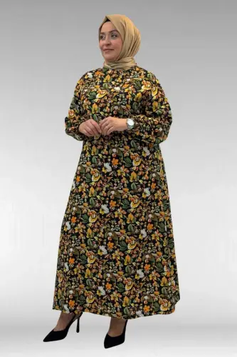 62007 Plus Size Elastic Sleeve Dress - Patterned Black - 3