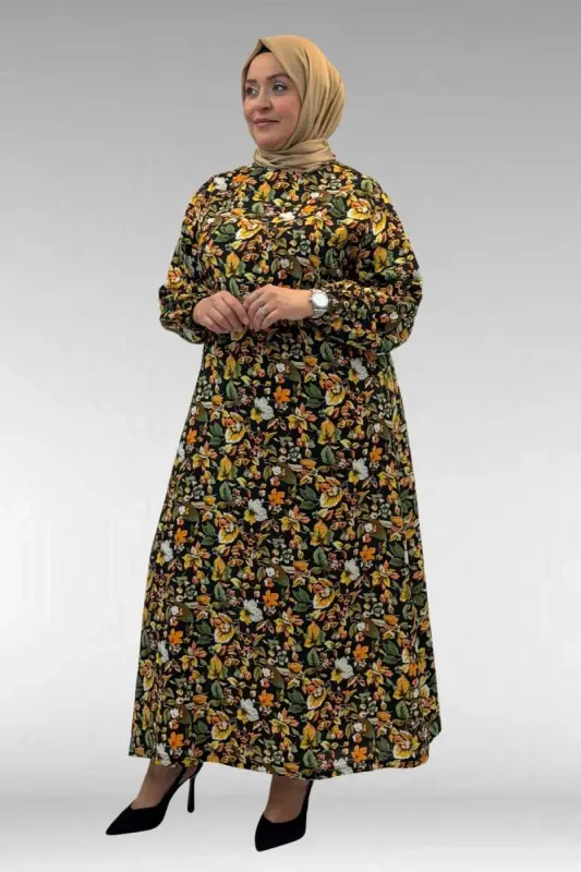 62007 Plus Size Elastic Sleeve Dress - Patterned Black - 3