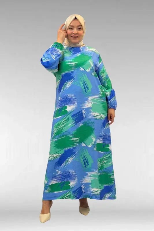 62007 Plus Size Elastic Sleeve Dress - Patterned Blue - 1