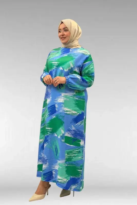 62007 Plus Size Elastic Sleeve Dress - Patterned Blue - 2