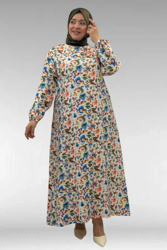 62007 Plus Size Elastic Sleeve Dress - Patterned Stone - 1