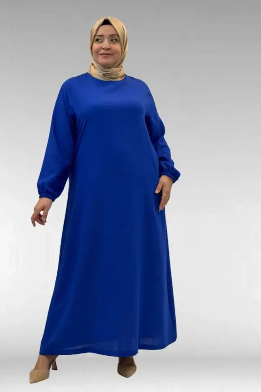 62007 Plus Size Elastic Sleeve Dress - Royal Blue - 1