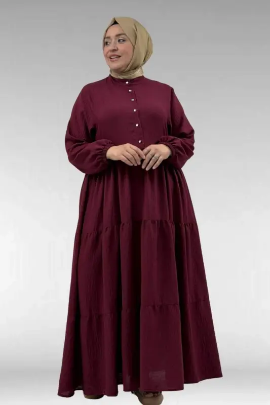 62008 Büyük Beden Yarım Patlı Hakim Yaka Elbise - Bordo - 2
