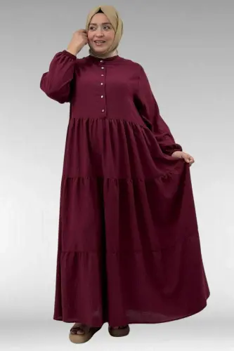 62008 Plus Size Half Placket Mandarin Collar Dress - Burgundy - 1