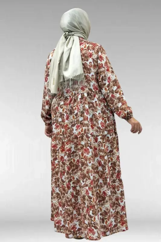 62008 Plus Size Half Placket Mandarin Collar Dress - Floral Pattern Brown - BÜYÜKBEDENIZ