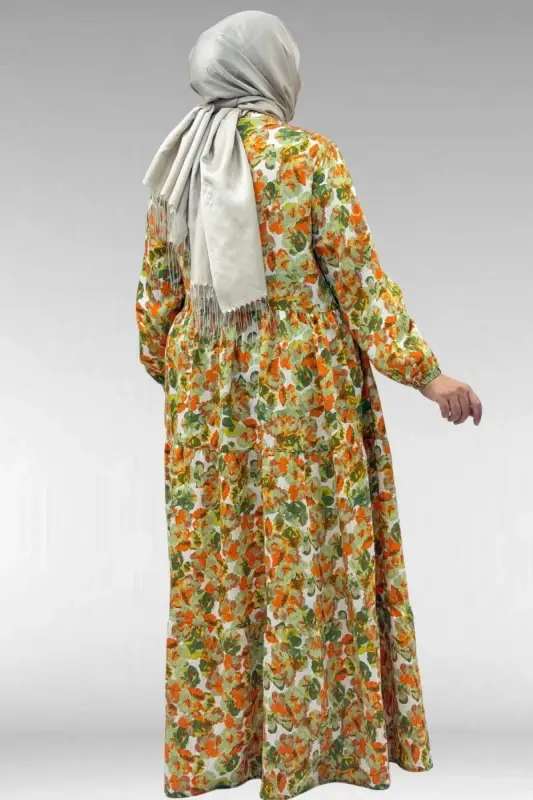62008 Plus Size Half Placket Mandarin Collar Dress - Floral Pattern Green - 2