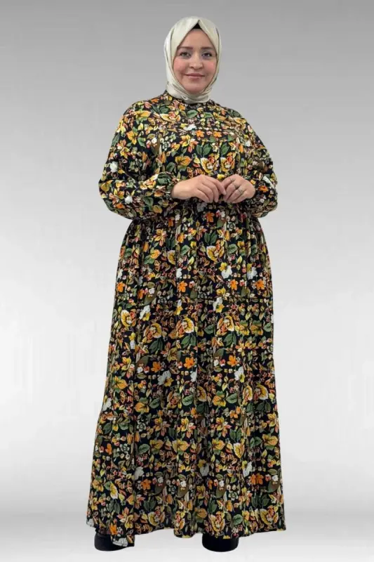 62008 Plus Size Half Placket Mandarin Collar Dress - Patterned Black - 3