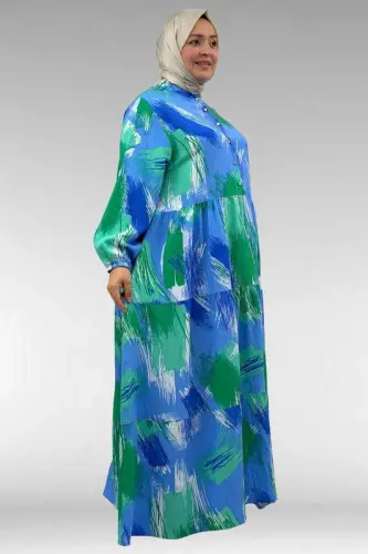 62008 Plus Size Half Placket Mandarin Collar Dress - Patterned Blue - BÜYÜKBEDENIZ (1)