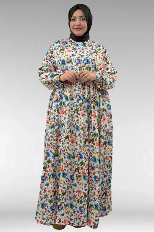 62008 Plus Size Half Placket Mandarin Collar Dress - Patterned Stone - 3