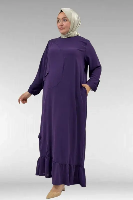 62010 Büyük Beden Ön Patlı Pat Üzeri Perçinli Airobin Elbise - Mürdüm - BÜYÜKBEDENIZ