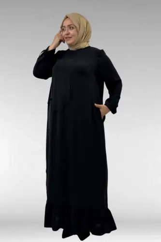 62010 Büyük Beden Ön Patlı Pat Üzeri Perçinli Airobin Elbise - Siyah - BÜYÜKBEDENIZ (1)