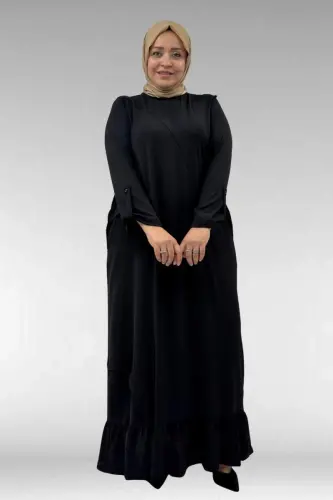 62010 Büyük Beden Ön Patlı Pat Üzeri Perçinli Airobin Elbise - Siyah - 1