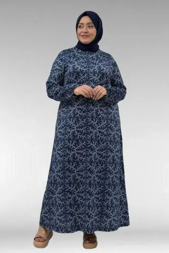 62012 Plus Size Elastic Sleeve Patterned Micro Dress - Navy Blue Branch Pattern - 3