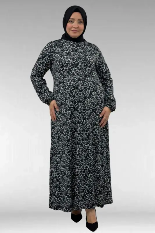 62012 Plus Size Patterned Micro Dress with Elastic Sleeves - Black Floral - 1