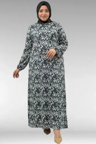62012 Plus Size Patterned Micro Dress with Elastic Sleeves - Black Patterned - 1