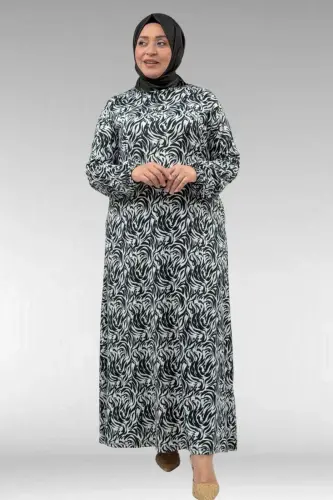 62012 Plus Size Patterned Micro Dress with Elastic Sleeves - Black Patterned - BÜYÜKBEDENIZ (1)