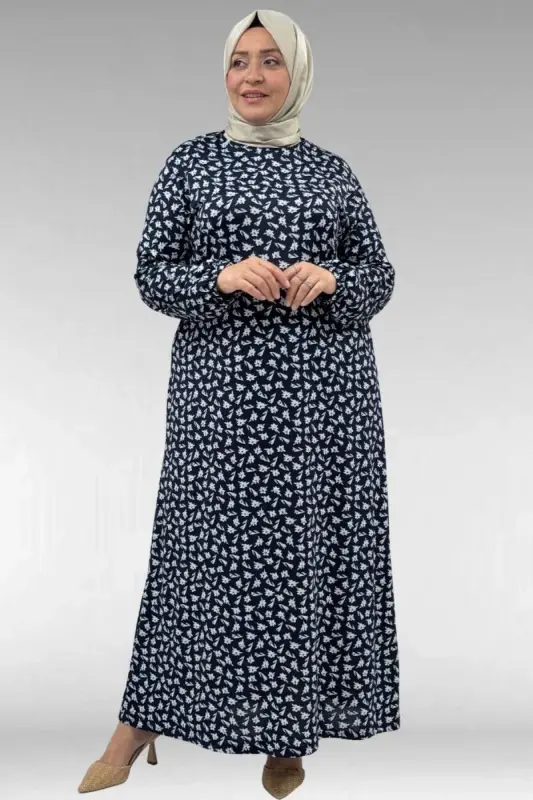 62012 Plus Size Patterned Micro Dress with Elastic Sleeves - Navy Blue Floral - 2