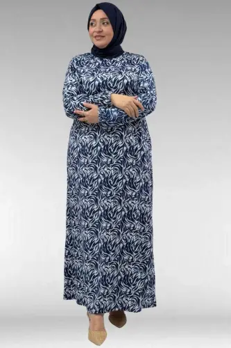 62012 Plus Size Patterned Micro Dress with Elastic Sleeves - Navy Patterned - 1