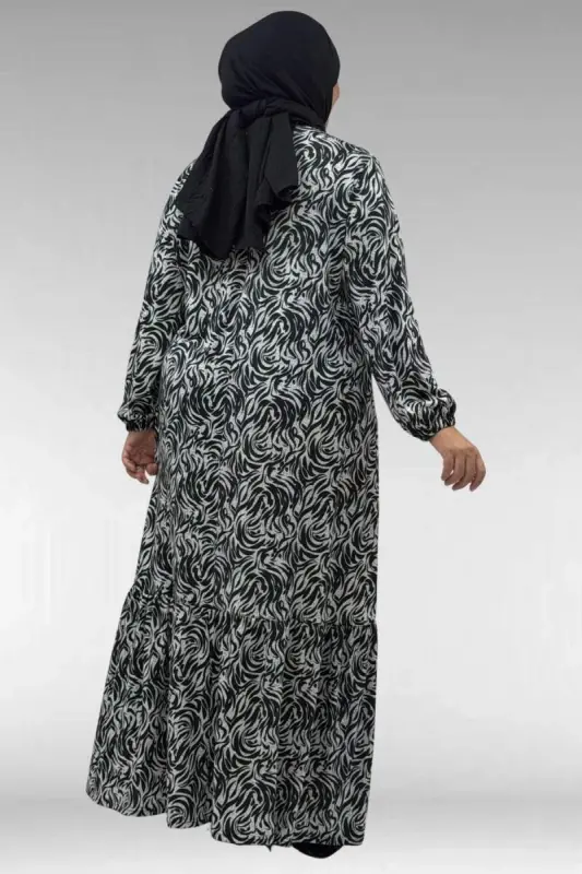 62013 Katta o‘lchamli, etagi burmali, naqshli mikro ko‘ylak - Qora naqshli - 1