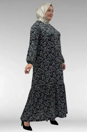 62013 Plus Size Ruffled Patterned Micro Dress - Black Floral - BÜYÜKBEDENIZ (1)