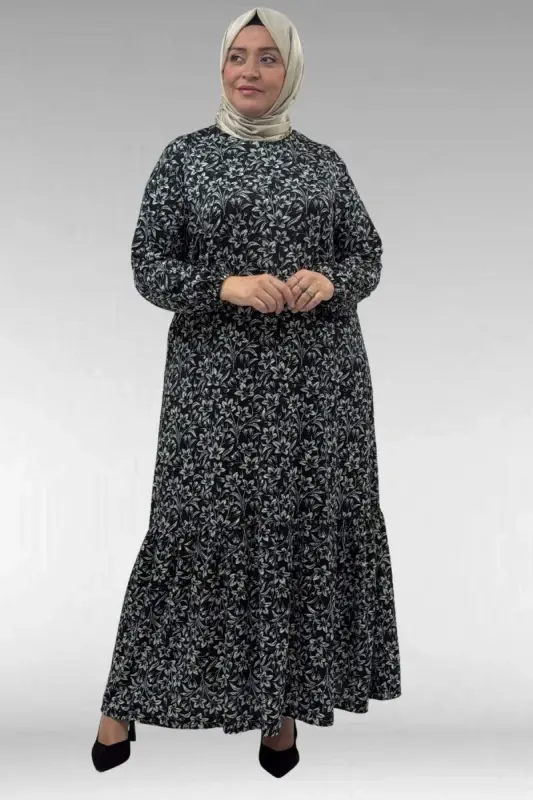 62013 Plus Size Ruffled Patterned Micro Dress - Black Floral - 3