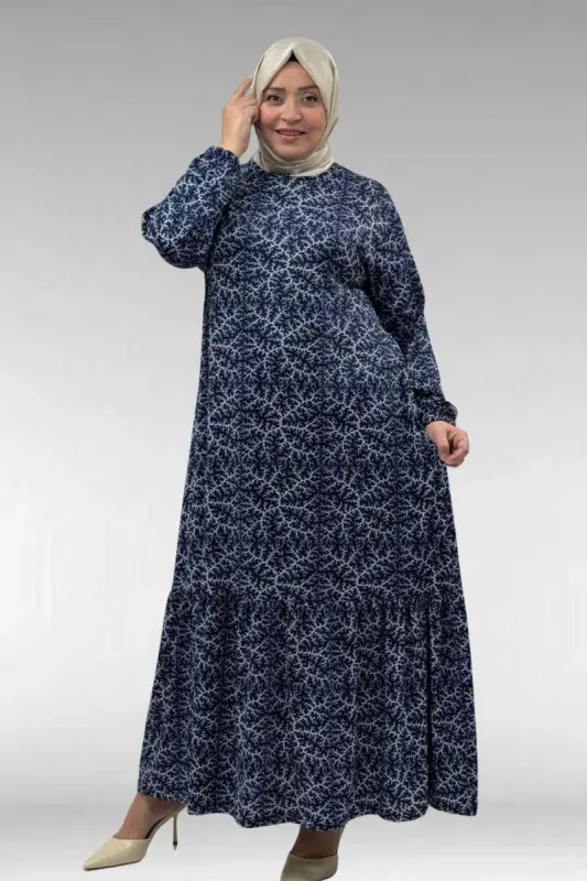 62013 Plus Size Ruffled Patterned Micro Dress - Navy Wave Pattern - 1