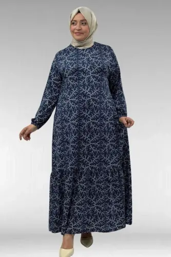 62013 Plus Size Ruffled Patterned Micro Dress - Navy Wave Pattern - BÜYÜKBEDENIZ (1)