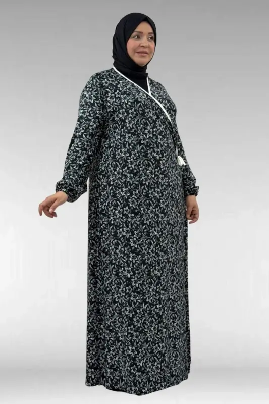 62014 Büyük Beden Desenli Namaz Elbisesi - Siyah Çiçekli - 1