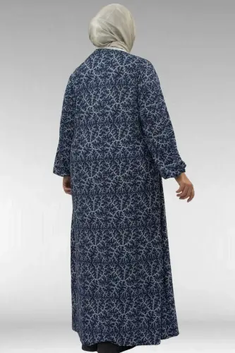 62014 Plus Size Patterned Prayer Dress - Navy Branch Pattern - 1
