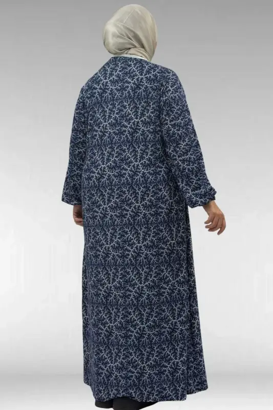 62014 Plus Size Patterned Prayer Dress - Navy Branch Pattern - 1