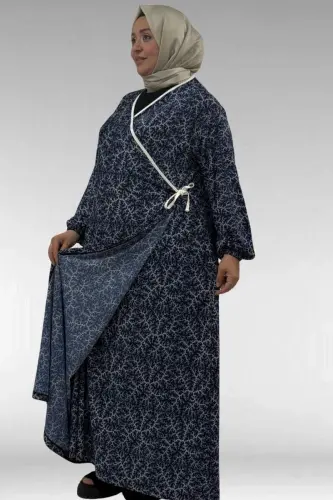 62014 Plus Size Patterned Prayer Dress - Navy Branch Pattern - BÜYÜKBEDENIZ (1)