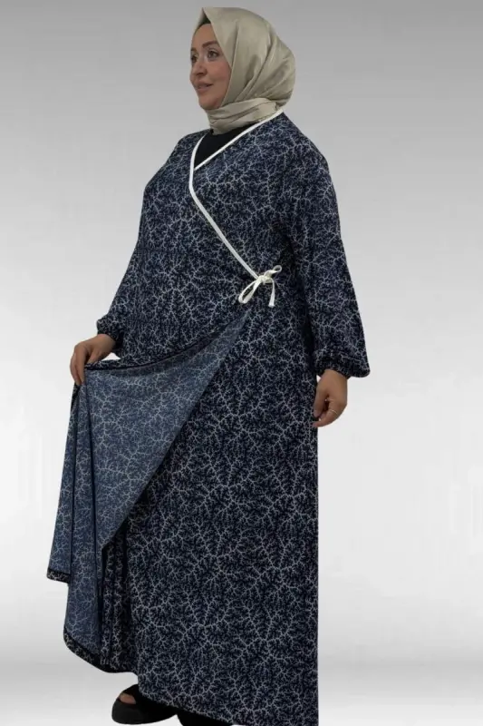 62014 Plus Size Patterned Prayer Dress - Navy Branch Pattern - 2