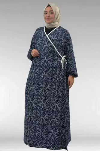 62014 Plus Size Patterned Prayer Dress - Navy Branch Pattern - 3