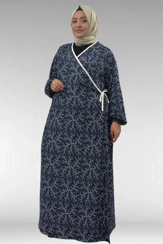 62014 Plus Size Patterned Prayer Dress - Navy Branch Pattern - 3