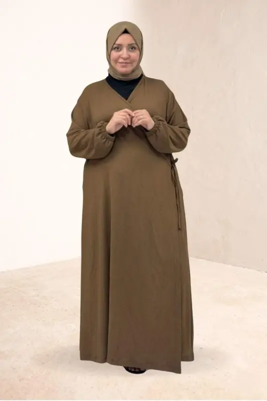 62018 Plus Size Tie-Front Crinkle Prayer Dress - Brown - 1