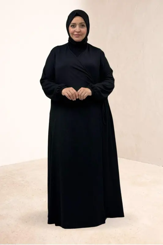 62018 Plus Size Tied Crinkle Prayer Dress - Black - BÜYÜKBEDENIZ