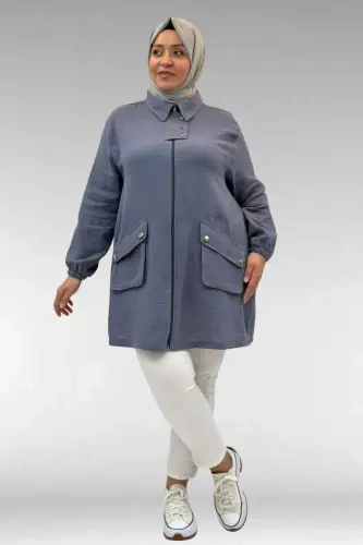 63001 Büyük Beden Cep Ve Patı Çıtçıt Detaylı Müslin Ceket - Antrasit - 3