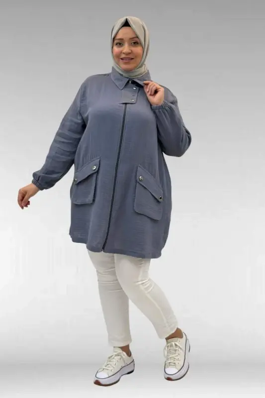 63001 Büyük Beden Cep Ve Patı Çıtçıt Detaylı Müslin Ceket - Antrasit - BÜYÜKBEDENIZ