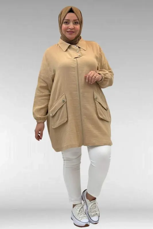 63001 Büyük Beden Cep Ve Patı Çıtçıt Detaylı Müslin Ceket - Bej - 1