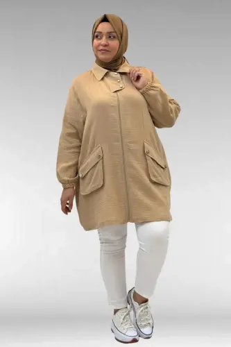 63001 Büyük Beden Cep Ve Patı Çıtçıt Detaylı Müslin Ceket - Bej - 3