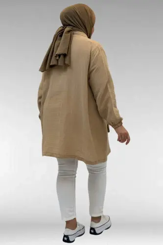 63001 Büyük Beden Cep Ve Patı Çıtçıt Detaylı Müslin Ceket - Bej - 4