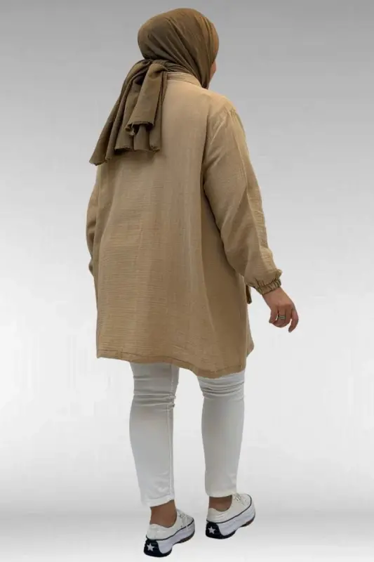 63001 Büyük Beden Cep Ve Patı Çıtçıt Detaylı Müslin Ceket - Bej - 4