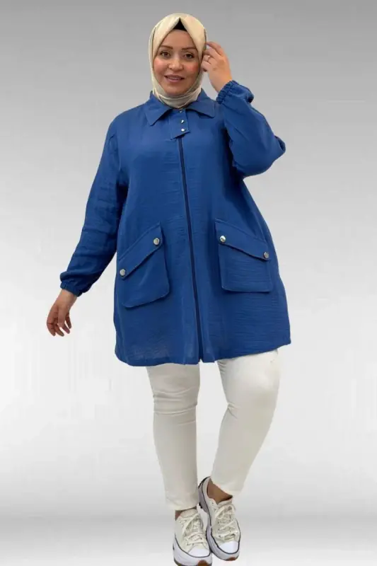 63001 Büyük Beden Cep Ve Patı Çıtçıt Detaylı Müslin Ceket - İndigo - BÜYÜKBEDENIZ